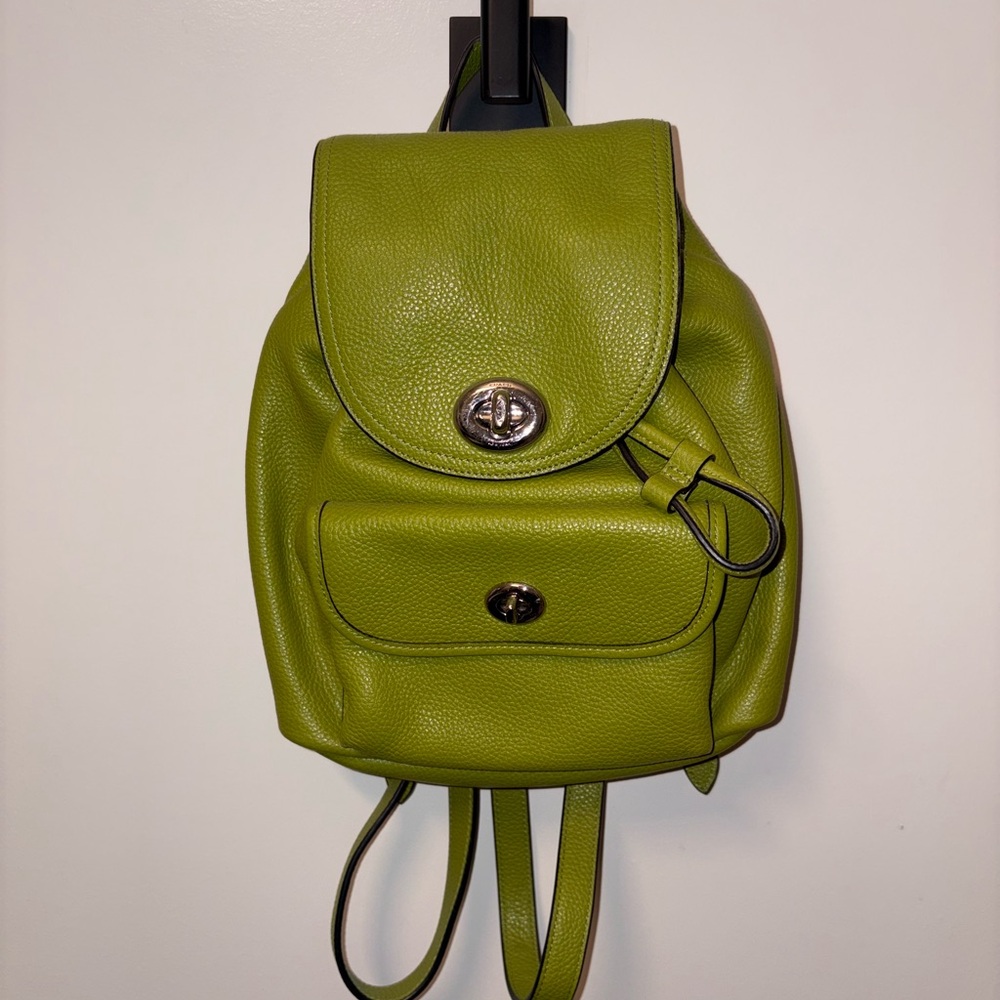 Green Leather Coach Mini Backpack with Silver Hardware